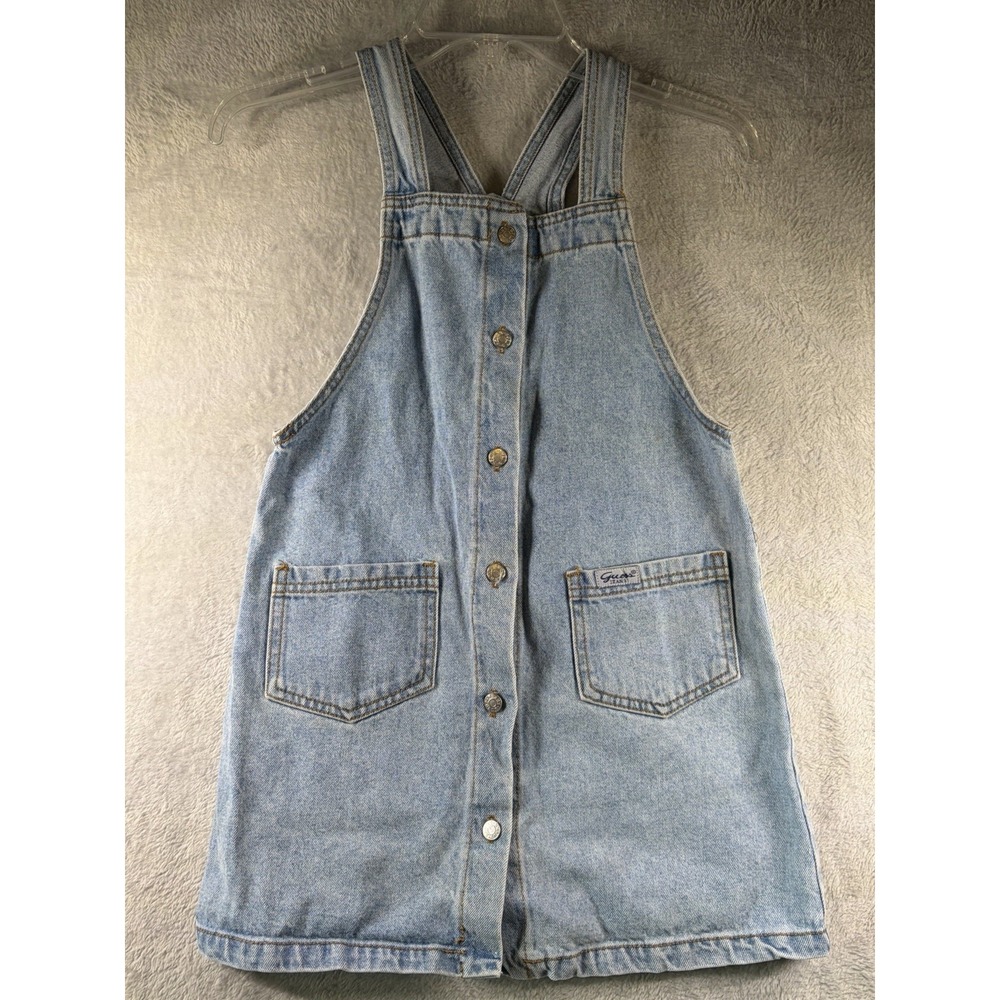 Vintage Guess Jeans Denim Overall Jumper Dress Womens XS Red Triangle Logo